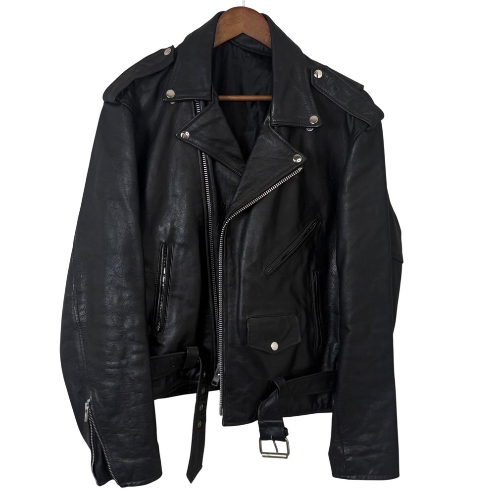 Black Leather Biker Jacket Mens Large 44" Chest Asymmetrical Zip Moto Belted